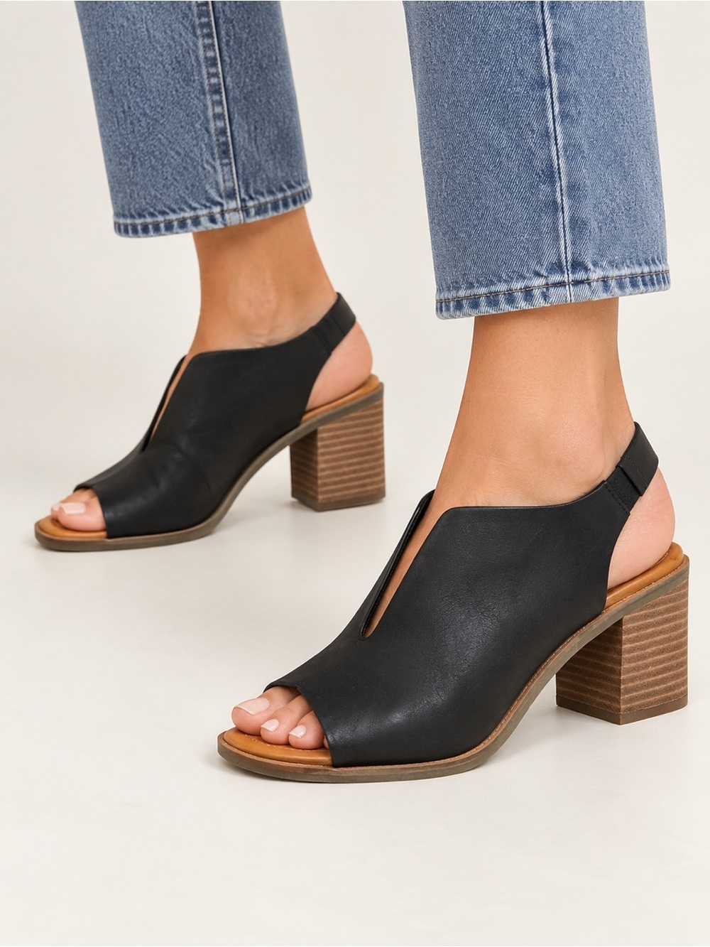 Lucky Brand Rhazy Sandals Womens 7M Black Leather Peep Toe Slingback Block Heel